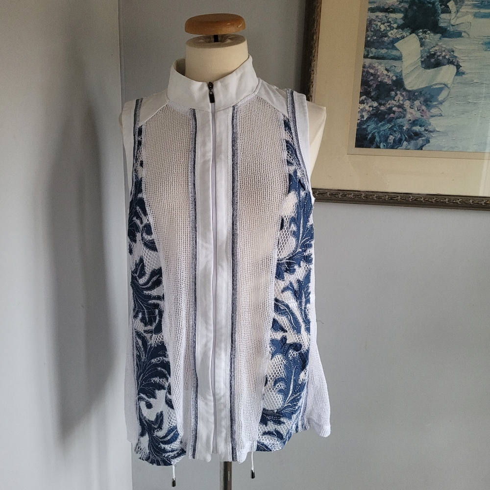 Picadilly Elegant White and Blue Women's Top Size L - Picture 2 of 7